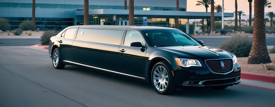 A sleek black limousine waits outside a modern airport terminal, surrounded by palm trees and desert landscape