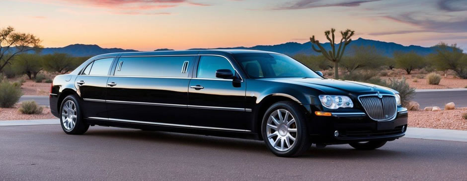 A sleek black limousine parked outside a luxurious resort in Cave Creek, Arizona, with the desert landscape in the background